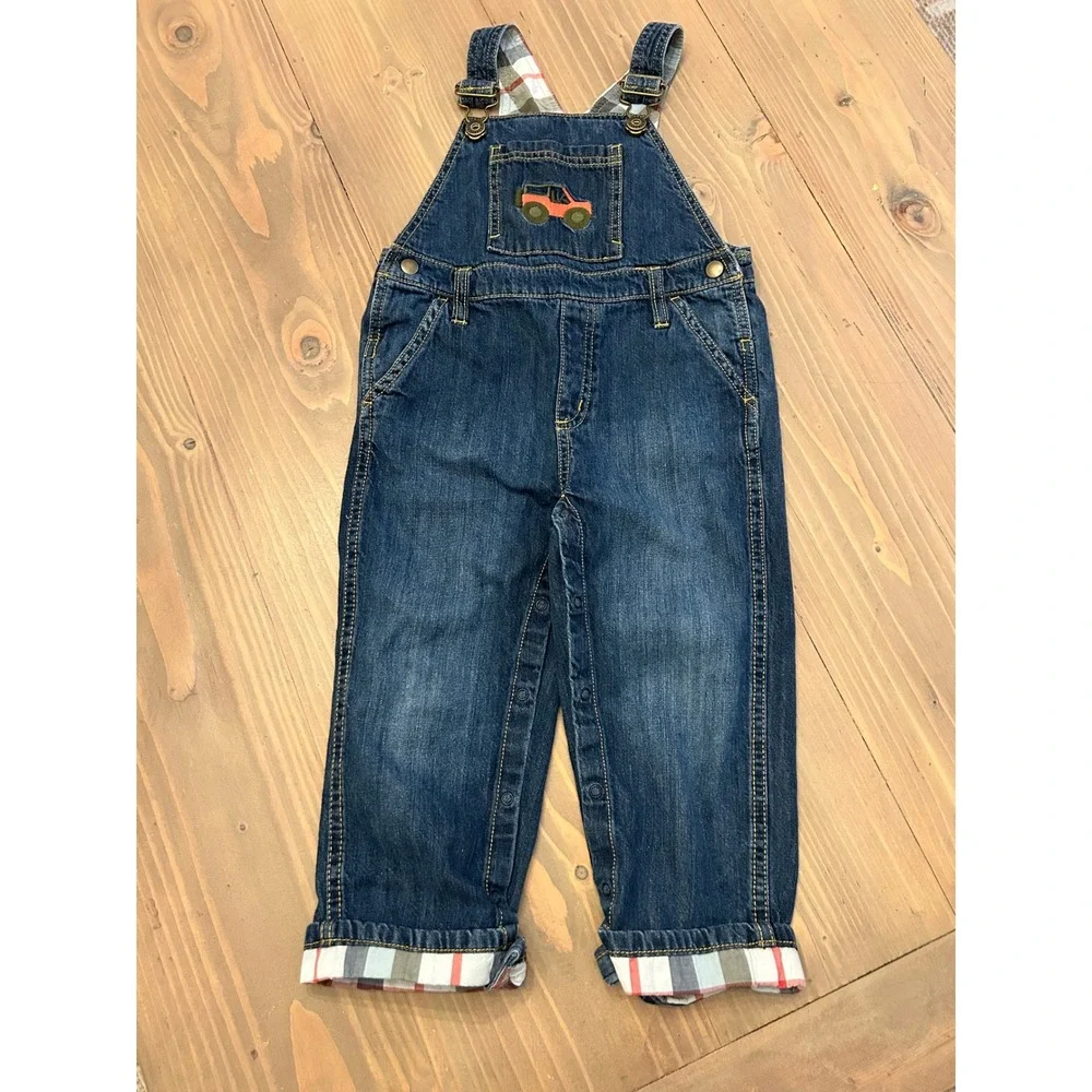 Cc23 Gymboree Boys Denim Overalls 3T Blue Plaid Lined Truck Embroidered Jeans
